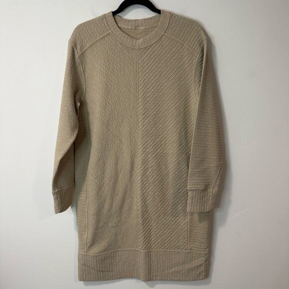 Lululemon On Repeat Ribbed Long Sleeve Dress Sweatshirt Tan 8 Knee Length - Picture 2 of 8